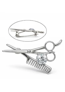 Csillogó köves ezüst fodrász olló/fésű bross