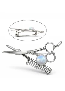 Elegáns gyöngyös fodrász olló/fésű bross 