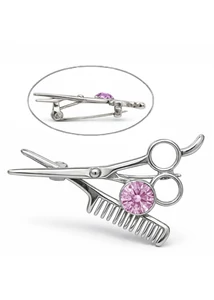 Fodrász olló/fésű bross rózsaszín kővel