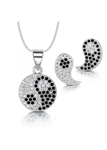 Ezüst Jin-Jang fülbevaló medál nyaklánc szett