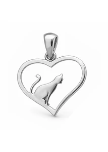 Áttört ezüst szív alakú medál ülő cica sziluette