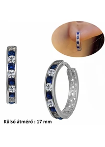 Karika fülbevaló kék fehér köves, fehér arany 17 mm átmerő