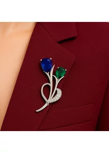 Kék és zöld csepp kővel díszített virágmintás ezüst bross