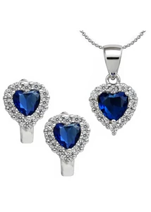 Kék szív köves medál, nyaklánc, fülbevaló garnitúra