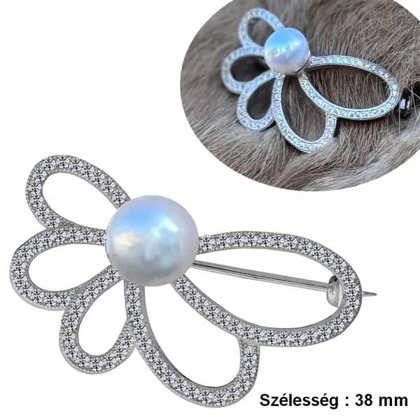 Csillogó ezüst bross cirkónia kövekkel és gyönggyel