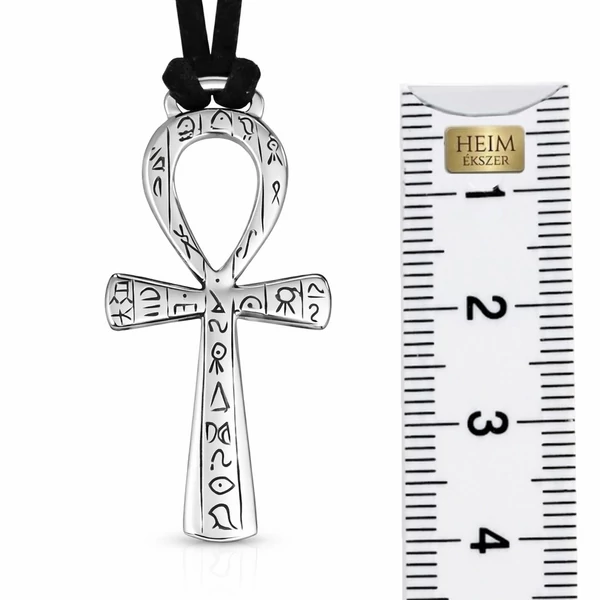 Ezüst ankh kereszt medál egyiptomi hieroglifás díszítéssel bőr nyaklánccal