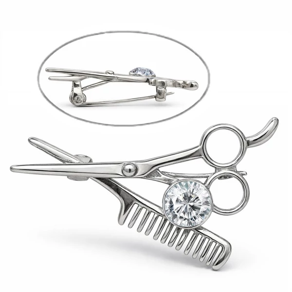Csillogó köves ezüst fodrász olló/fésű bross