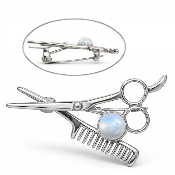Elegáns gyöngyös fodrász olló/fésű bross 
