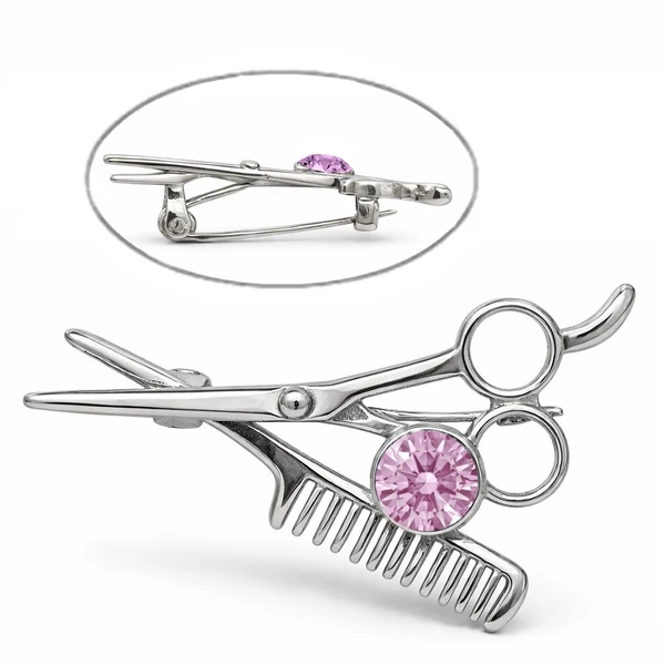 Fodrász olló/fésű bross rózsaszín kővel