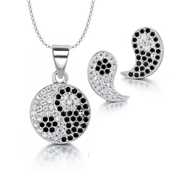 Ezüst Jin-Jang fülbevaló medál nyaklánc szett