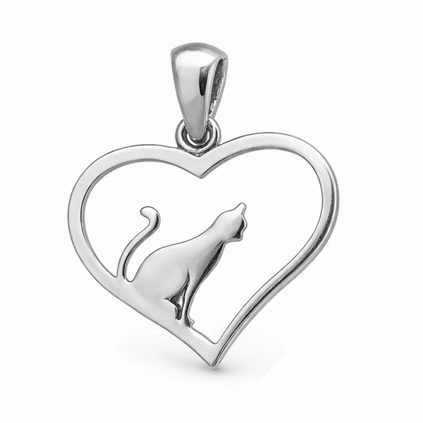 Áttört ezüst szív alakú medál ülő cica sziluette