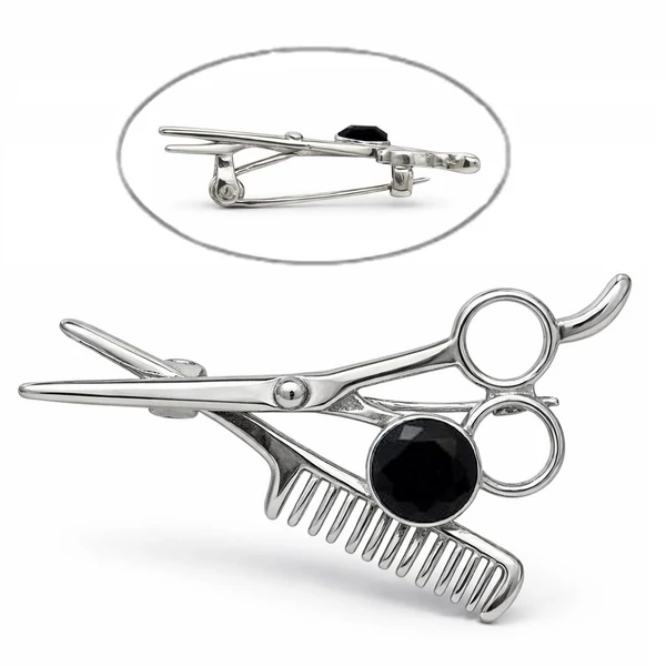 Fodrász olló/fésű bross fekete kővel