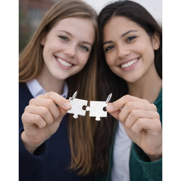 barátság puzzle medál két lány kezében mutatva a Heim Ékszer webáruháztól