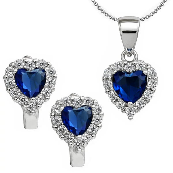 Kék szív köves medál, nyaklánc, fülbevaló garnitúra