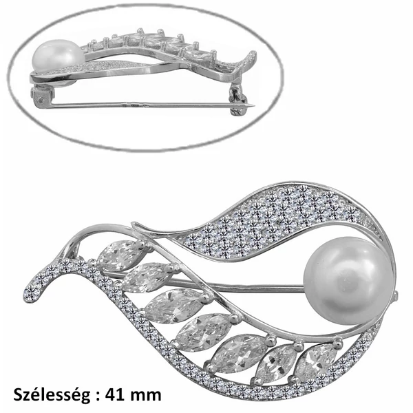 Levél mintájú csillogó ezüst gyöngyös bross